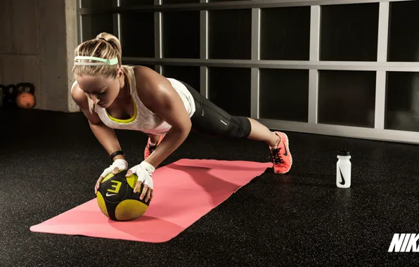 Woman, fitness, pushups, Russian dumbbell