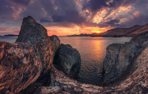 The sun, rays, landscape, sunset, nature, rocks, coast, The sea of Japan