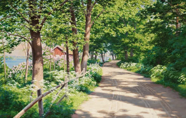 Road, trees, landscape, house, sunlight, Johan Krouthen