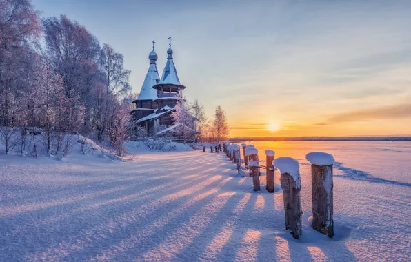 Picture winter, field, snow, dawn, Church, Karelia