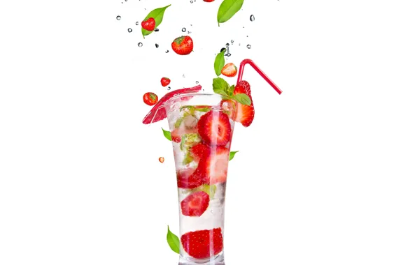 Ice, squirt, Cocktail, ice, leaves, leaves, fruits and berries on a white background, fruit and …