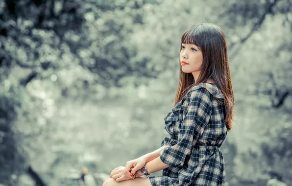 Summer, girl, nature, pose, Park, model, makeup, dress