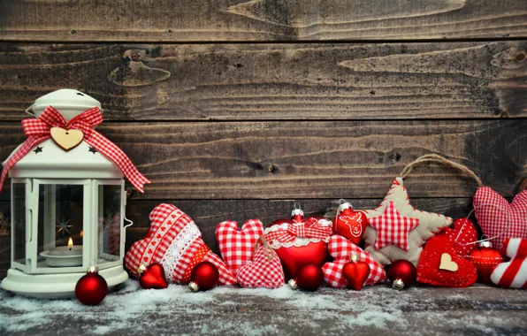 Decoration, toys, New Year, Christmas, lantern, balls, heart, wood