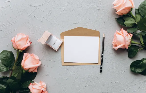 Letter, flowers, tape, Background, wooden, Roses, buds, the envelope