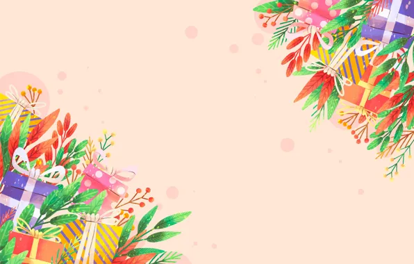 Leaves, branches, background, holiday, texture, fruit, Christmas, gifts