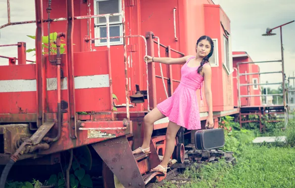 Girl, dress, the car, pink, suitcase