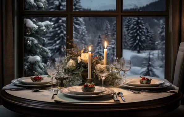 Winter, snow, decoration, table, New Year, window, Christmas, new year