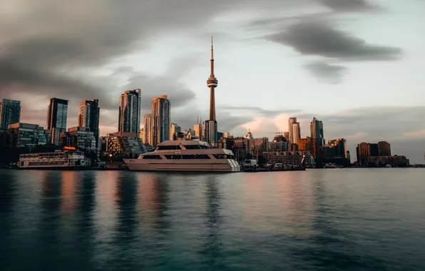 City, Canada, sky, ocean, coast, sunset, water, dusk