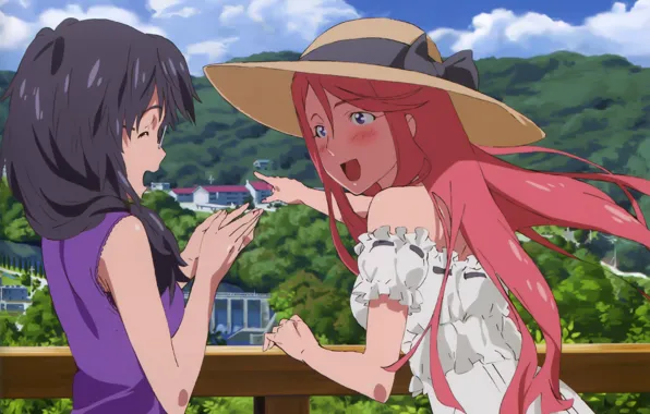 Picture hat, girl, art, friend, sundress, red hair, Ano Natsu de Matteru, Emika Takatsuki