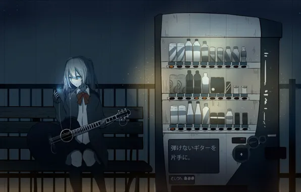 Girl, light, guitar, anime, headphones, art, machine, wire