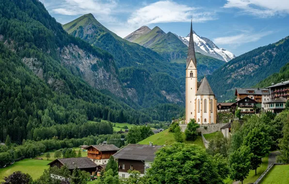 Mountains, home, Austria, valley, village, Alps, Church, Austria