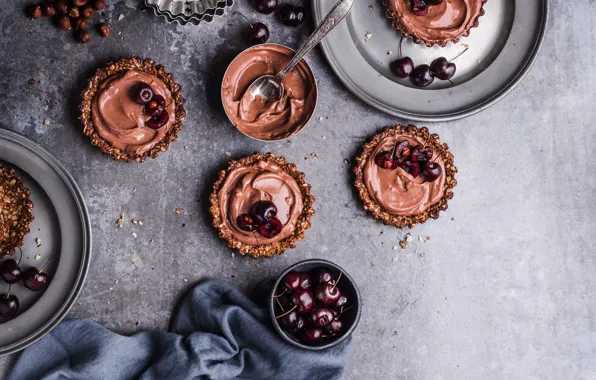 Picture cherry, chocolate, cake, cream, dessert, tartlets