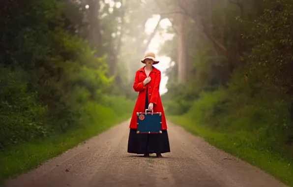 Picture road, girl, suitcase, hat, in red