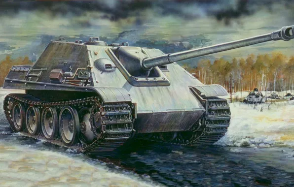 Winter, war, t-34, Jagdpanther, Ostfront, tank fighter