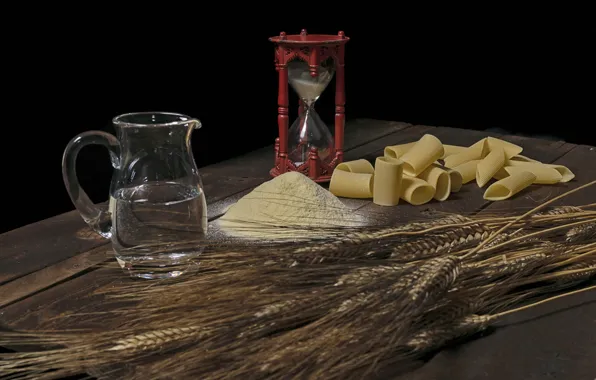 Picture watch, pitcher, flour, pasta