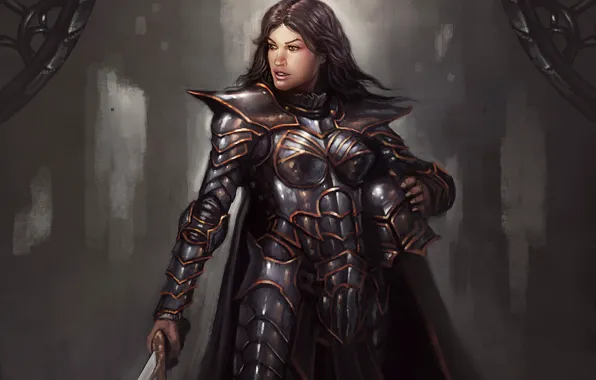 Girl, sword, art, helmet, armor
