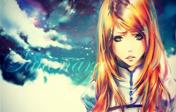 Picture the sky, girl, stars, clouds, anime, art, bleach, inoue orihime