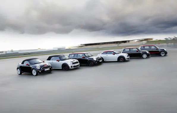 Clouds, Asphalt, Machine, Mini Cooper, A lot, MINI, Mini Cooper, Overcast