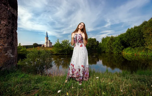 Girl, lake, pond, shore, dress, Church, Russian, embroidery