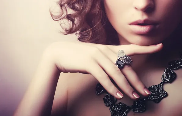 Girl, decoration, woman, hair, ring, lips, curls, necklace