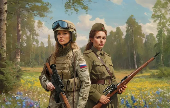 Flowers, Girls, Trees, Soldiers, USSR, Two, Russia, Art