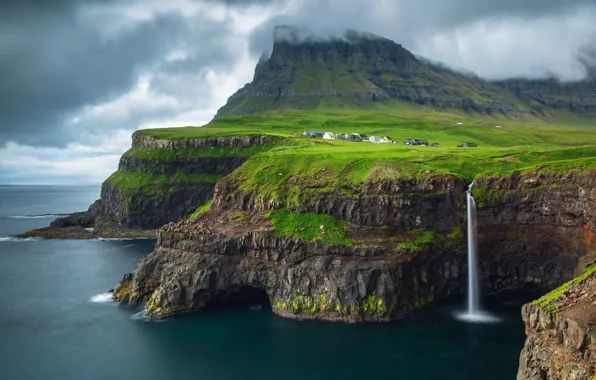 Sea, mountains, rocks, waterfall, the village, Faroe Islands