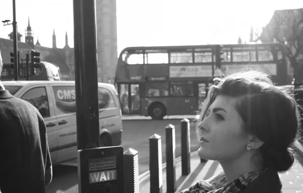 Picture look, girl, machine, the city, photo, street, London, black and white