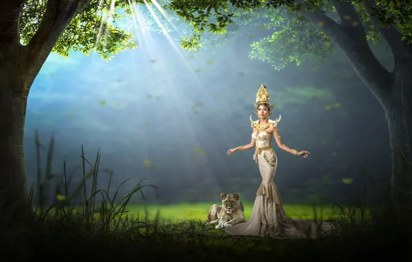Grass, girl, decoration, nature, pose, fog, Asian, lion