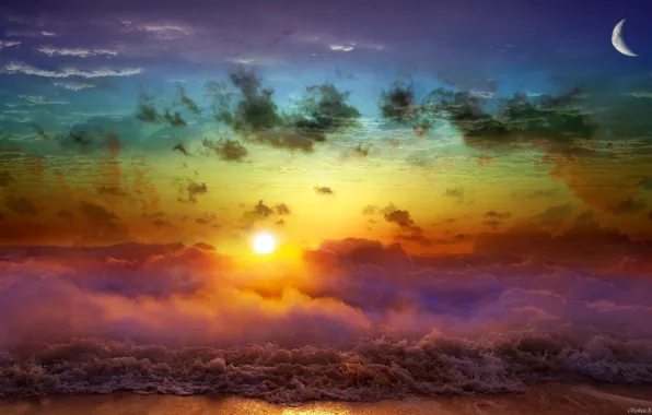 Picture sea, sunset, between heaven and earth