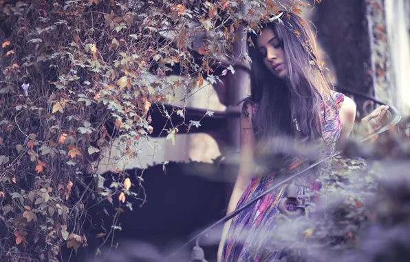 Picture leaves, girl, portrait, dress, bokeh