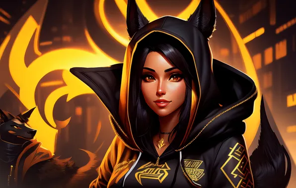 Night, hood, beauty, cutie, in black, digital art, digital art, AI art
