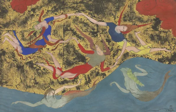 Watercolor, 1918, Tsuguharu Foujita, Angels and sirens, pen and black ink on Golden paper
