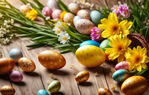 Flowers, eggs, spring, colorful, Easter, happy, flowers, spring