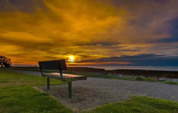 Picture sea, sunset, bench