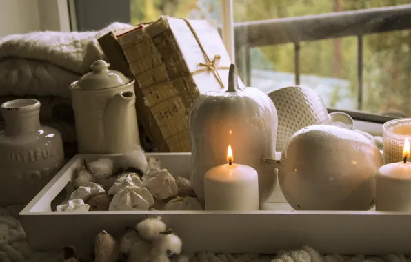 Comfort, flame, books, candles, kettle, pumpkin, dishes, blanket