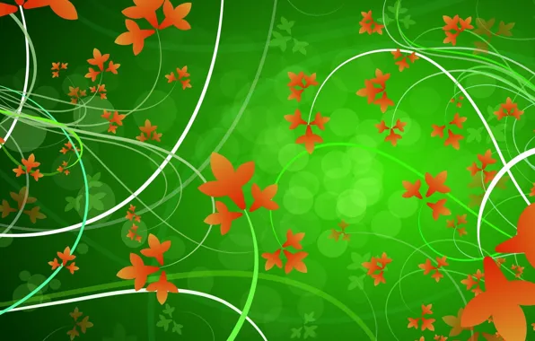 Leaves, line, circles, orange, green, patterns, vector, curves