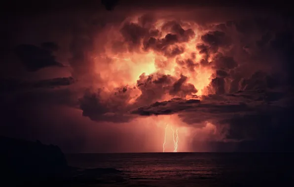 Sea, clouds, lightning, storm, horizon