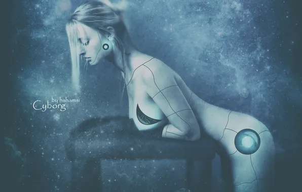Girl, space, light, robot, charging, cyborg, Cyborg, by hshamsi