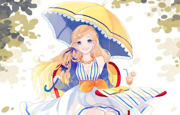 Smile, Girl, umbrella, beads, book