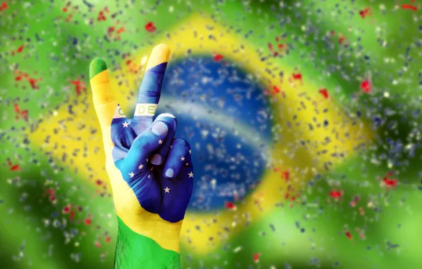 Picture hand, confetti, flag, brasil, vicrtory, flag of Brazil