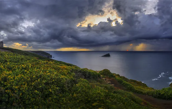 Landscape, clouds, nature, Strait, coast, France, lighthouse, Brittany