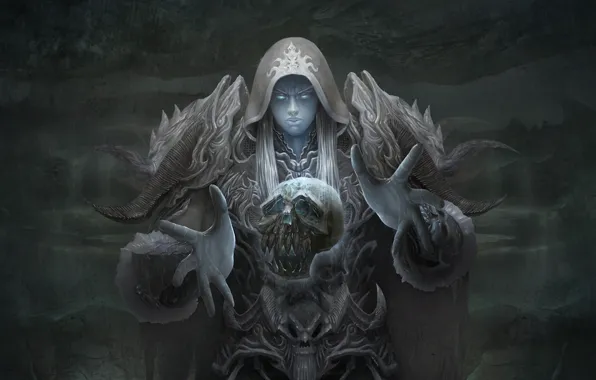 Picture magic, skull, Girl, armor, horns, necromancer