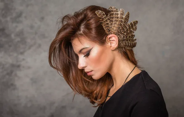 Picture girl, hair, feathers, brown hair, Laurie