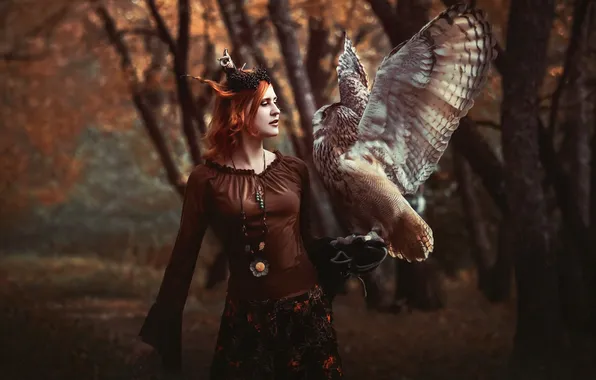 Autumn, forest, girl, nature, style, owl, bird, cosplay