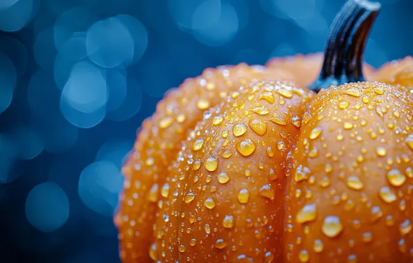 Autumn, drops, macro, close-up, pumpkin, Halloween, Halloween, blue background