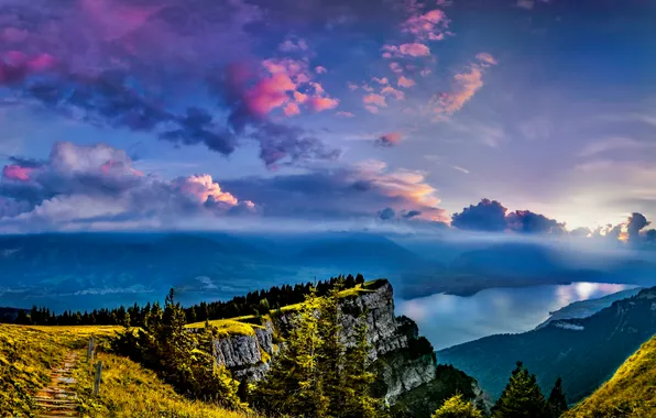 Picture clouds, lake, mountain, Switzerland, Switzerland, Lake Thun, Bernese Alps, The Bernese Alps