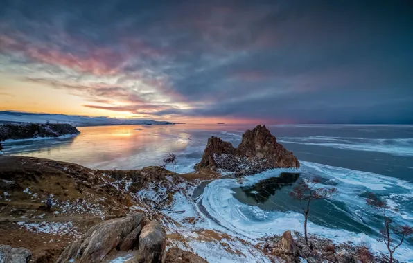 Winter, sunset, coast, ice, Siberia, lake Baikal, Olkhon island