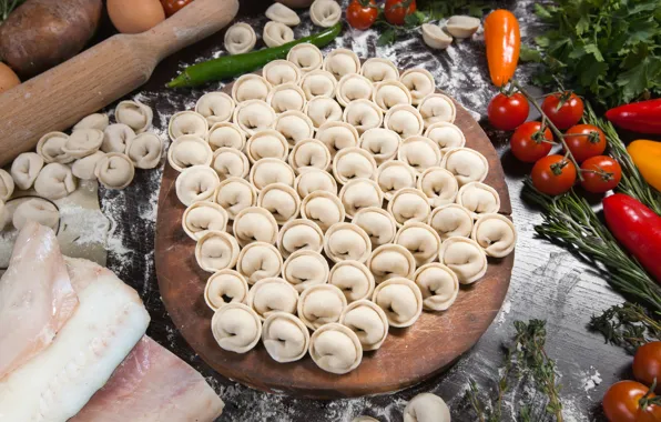 Pepper, vegetables, tomatoes, dumplings