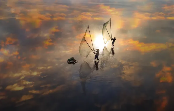 Sunset, network, fishing, stranded