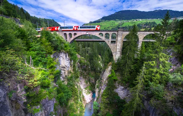 Bridge, river, rocks, train, Switzerland, canyon, Switzerland, viaduct